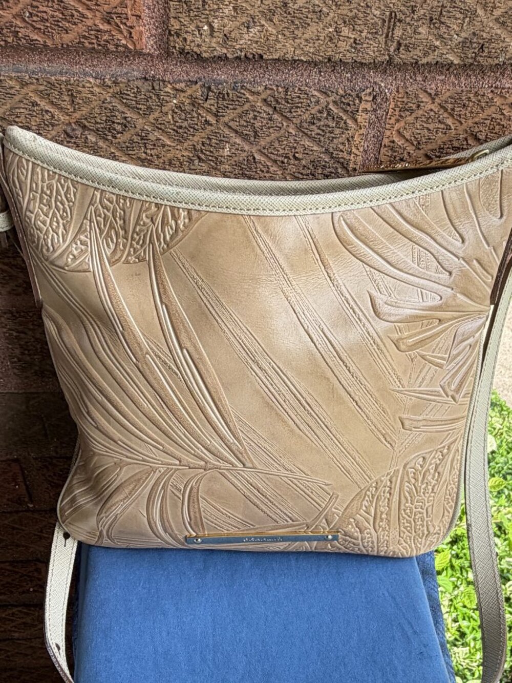 Brahmin Havana Taupe Tropical Palm Leaf Leather Top Zip Slim Shoulder Bag